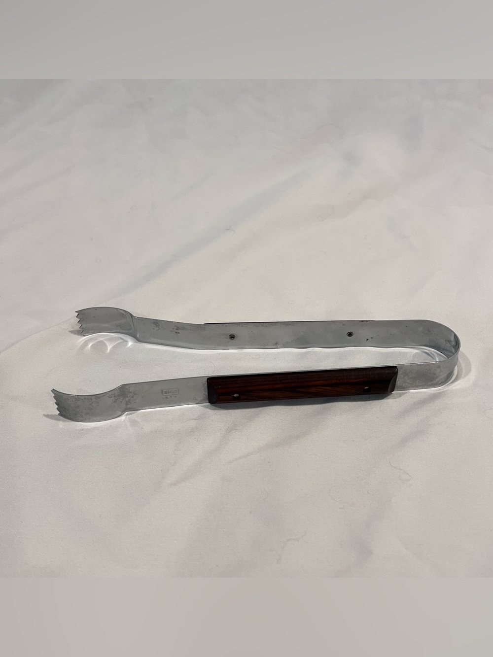 Vintage EKCO USA Stainless Steel Ice Tongs Faux Wood Barware